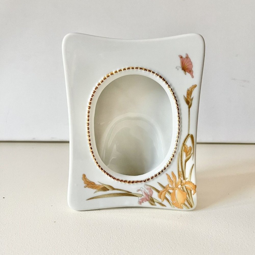 Vintage Japanese Porcelain Photo Frame 5” White Floral